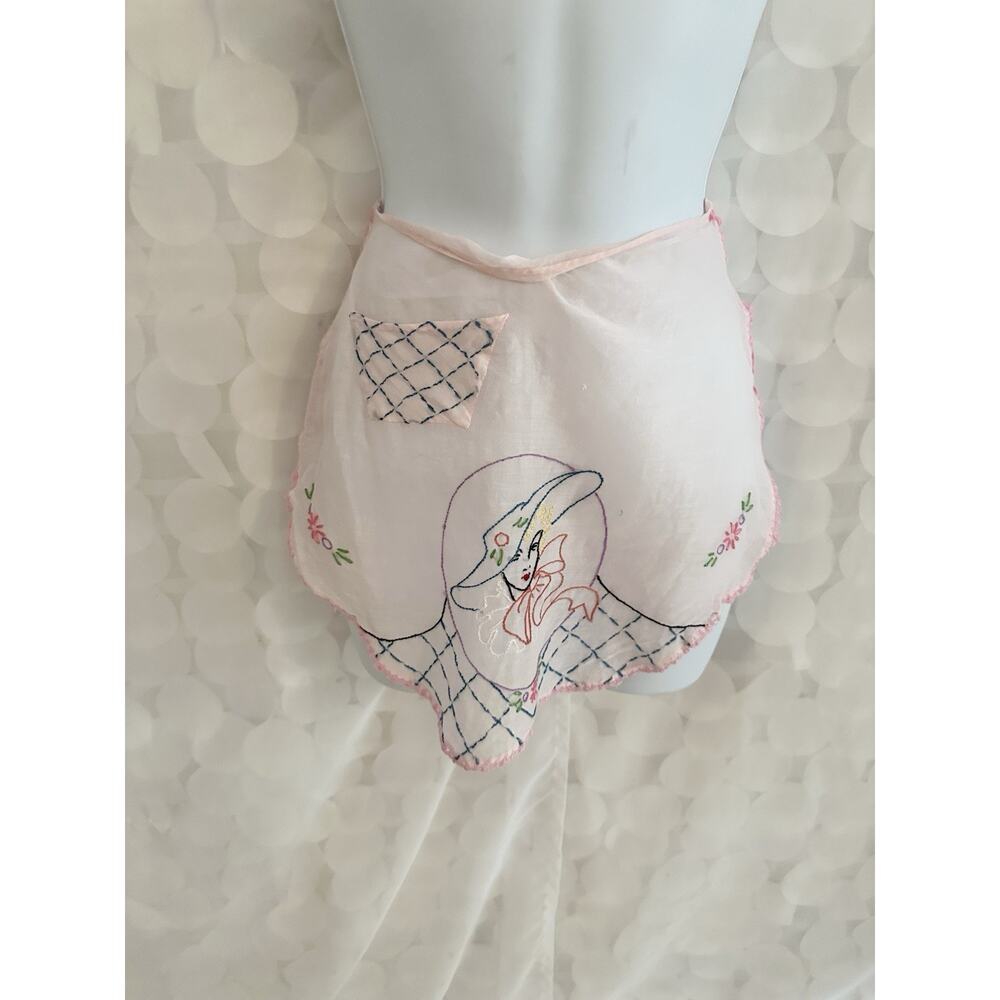 Vintage Handmade 40’s Half Apron Pink SHEER Floral Lady Embroidery Party Hostess
